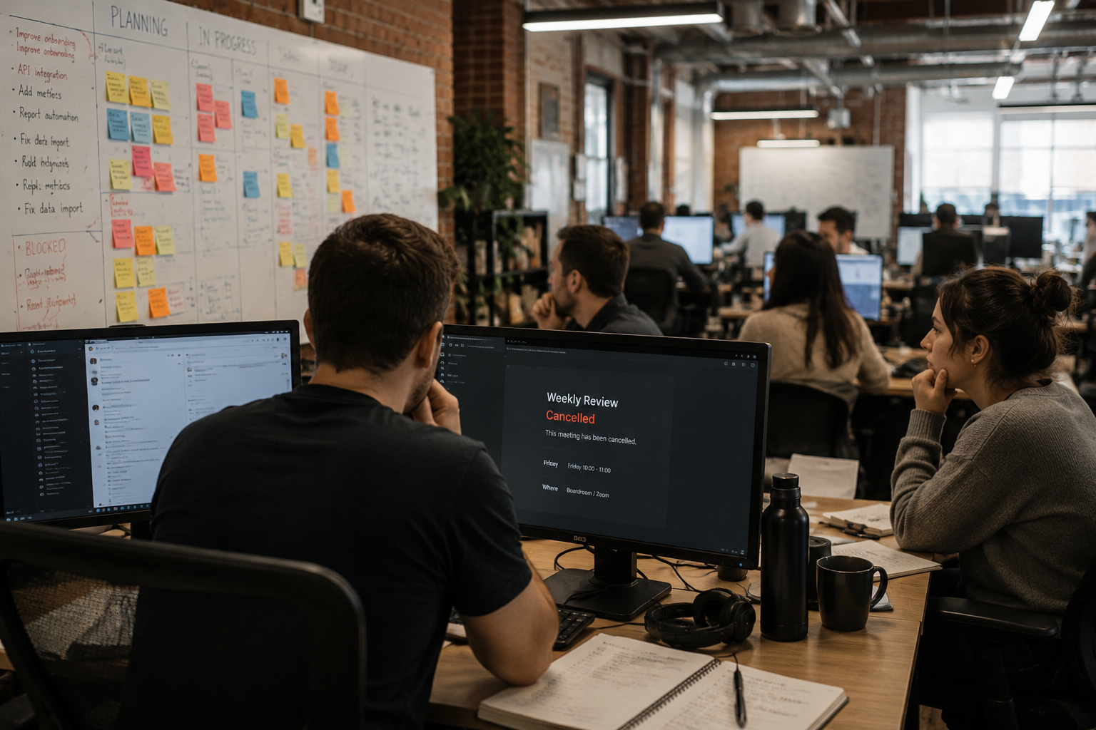 A leader in a meeting room — the signal they set shapes how the team treats every practice that follows